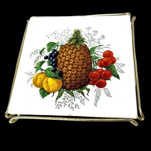 Vintage Ceramic Tile Trivet with Stand Fruits Square Germany Villeroy & Boch